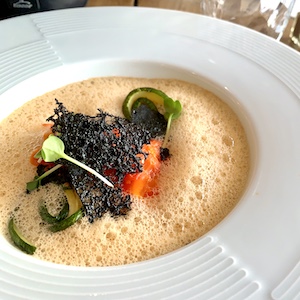 Assiette gastronomique à Moelan sur Mer avec espuma, légumes et tuile noire, cuisine raffinée du Pays des Rias